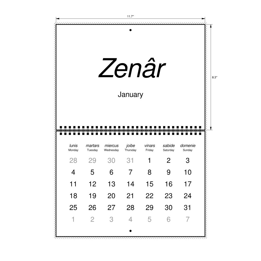 Leskoff 2027 Wall Calendar, Friulian/English-Labeled, Monday-Start Layout, Wire-Bound, 11.7 x 8.3 in (29.7 x 21.0 cm), image 2 of 2