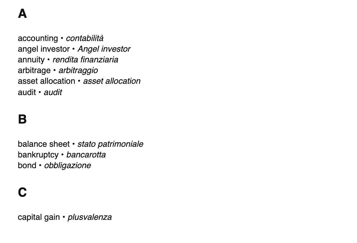 Finance terms in Italian