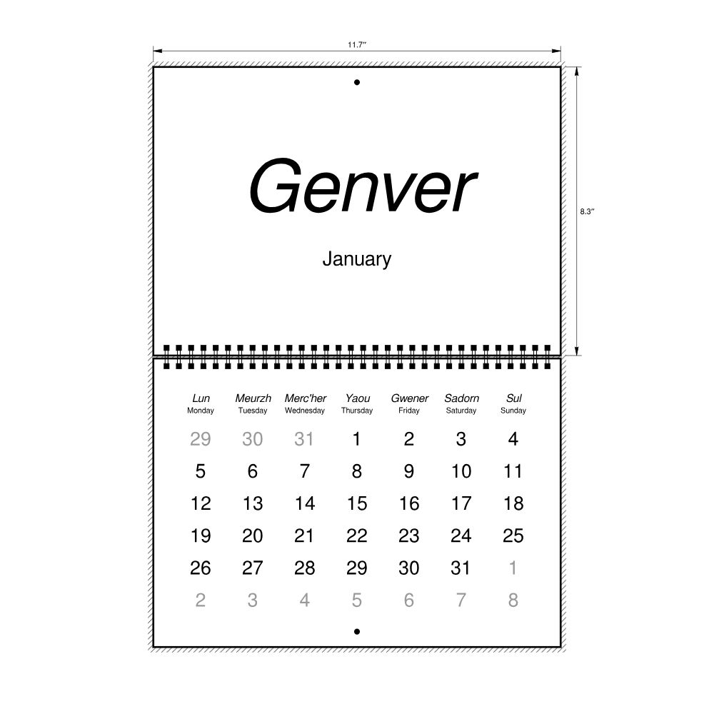 Leskoff 2026 Wall Calendar, Breton/English-Labeled, Monday-Start Layout, Wire-Bound, 11.7 x 8.3 in (29.7 x 21.0 cm), image 2 of 2