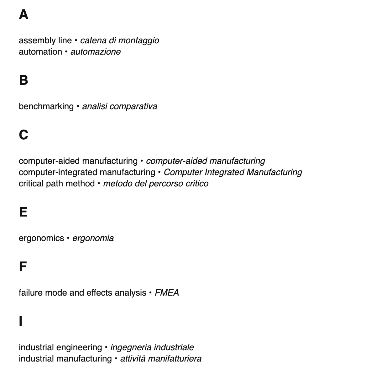 Industrial engineering terms in Italian