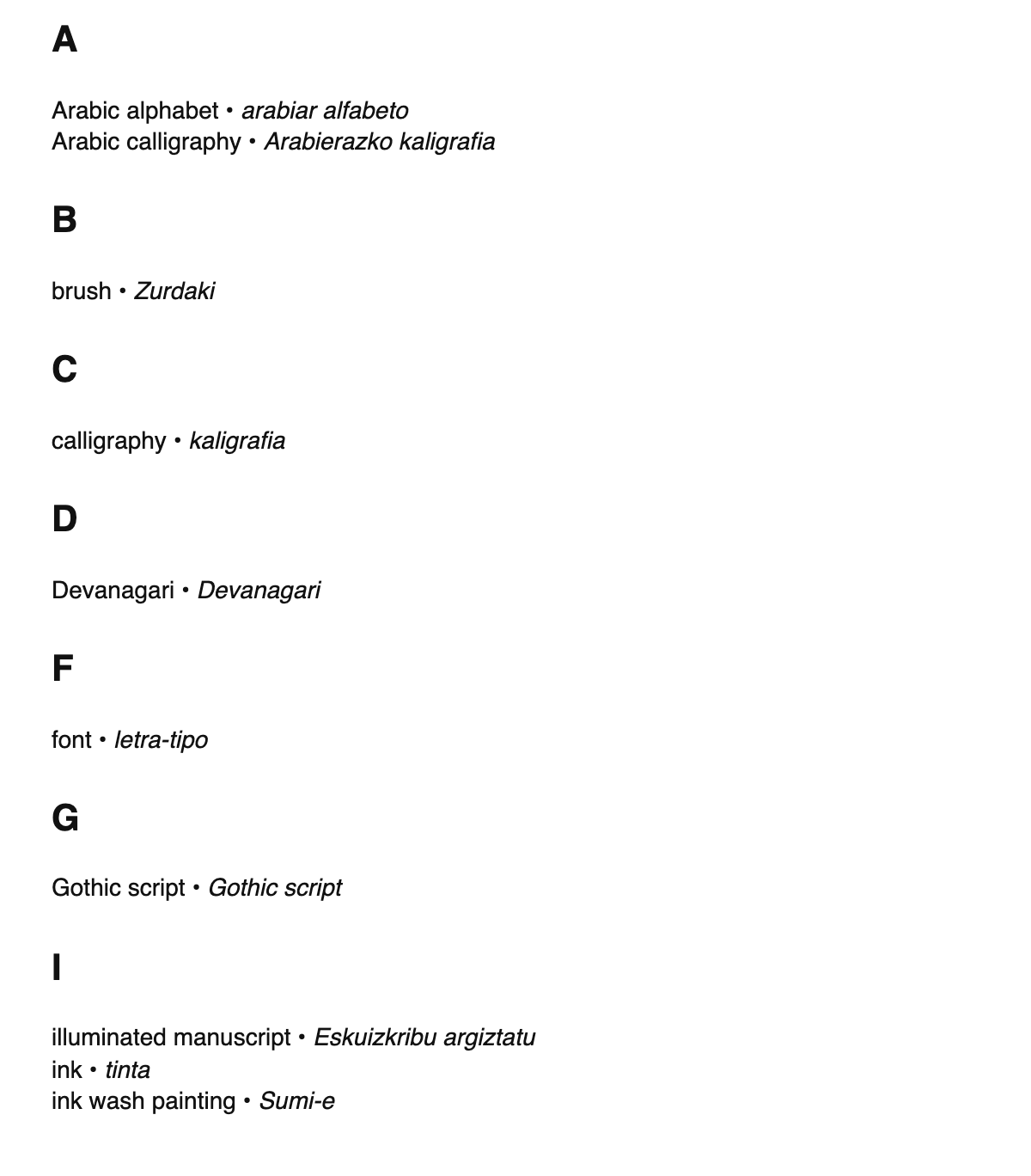 Calligraphy terms in Basque
