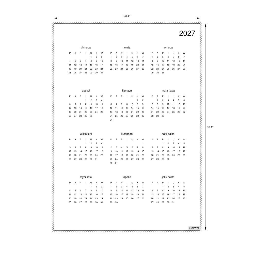 Leskoff 2027 Wall Calendar, Aymara-Labeled, Monday-Start Layout, Poster / Wall Print, 23.4 x 33.1 in (59.4 x 84.1 cm), image 2 of 2