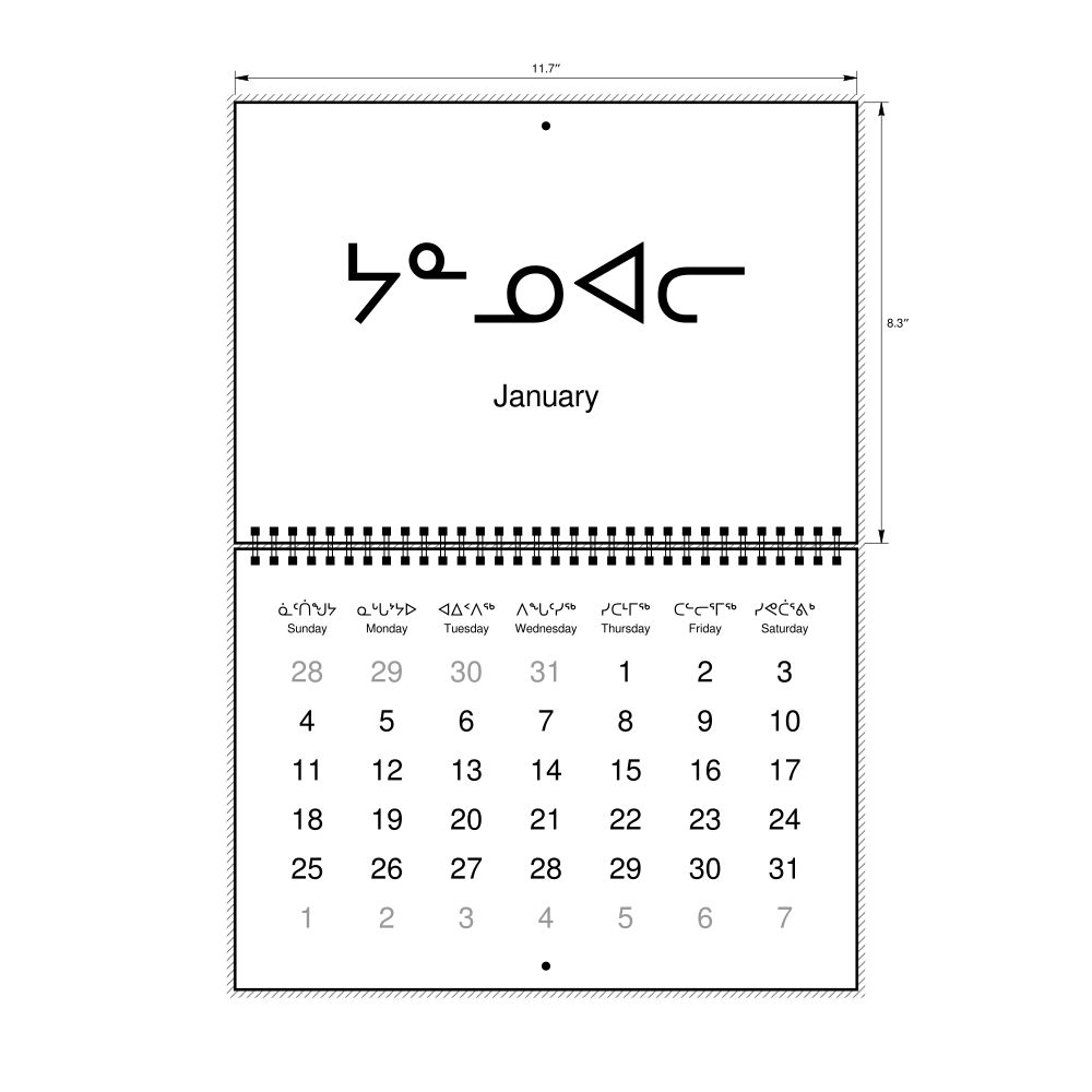 Leskoff 2026 Wall Calendar, Inuktitut/English-Labeled, Sunday-Start Layout, Wire-Bound, 11.7 x 8.3 in (29.7 x 21.0 cm), image 1 of 1