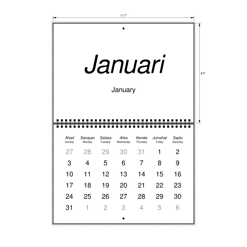 Leskoff 2027 Wall Calendar, Banjarese/English-Labeled, Sunday-Start Layout, Wire-Bound, 11.7 x 8.3 in (29.7 x 21.0 cm), image 2 of 2