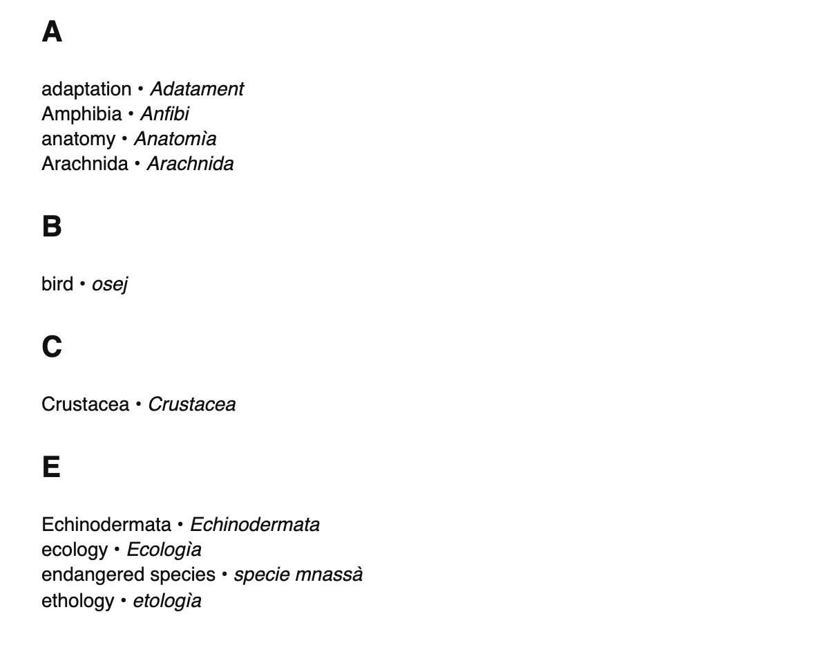 Zoology terms in Piedmontese