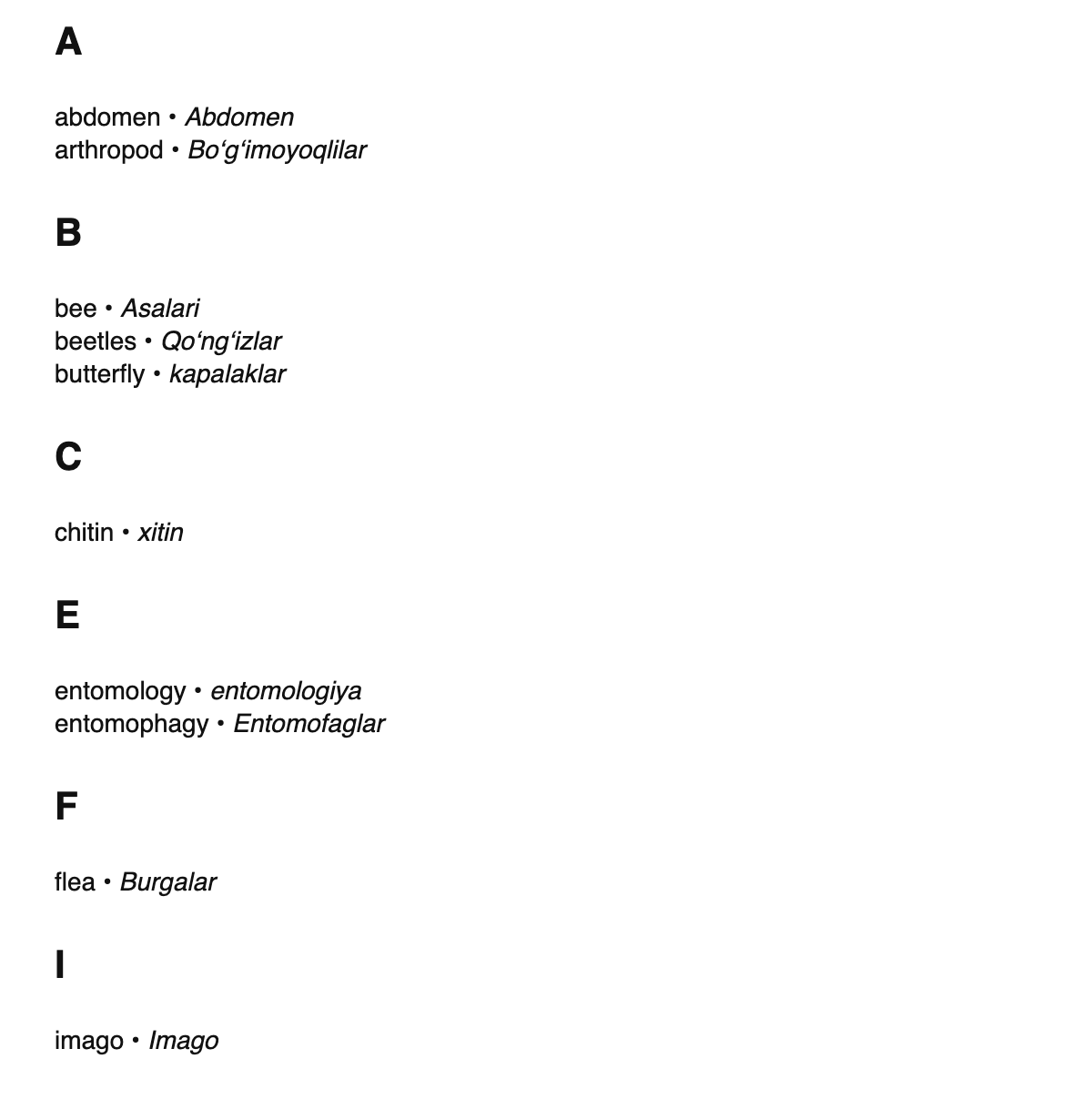 Entomology terms in Uzbek