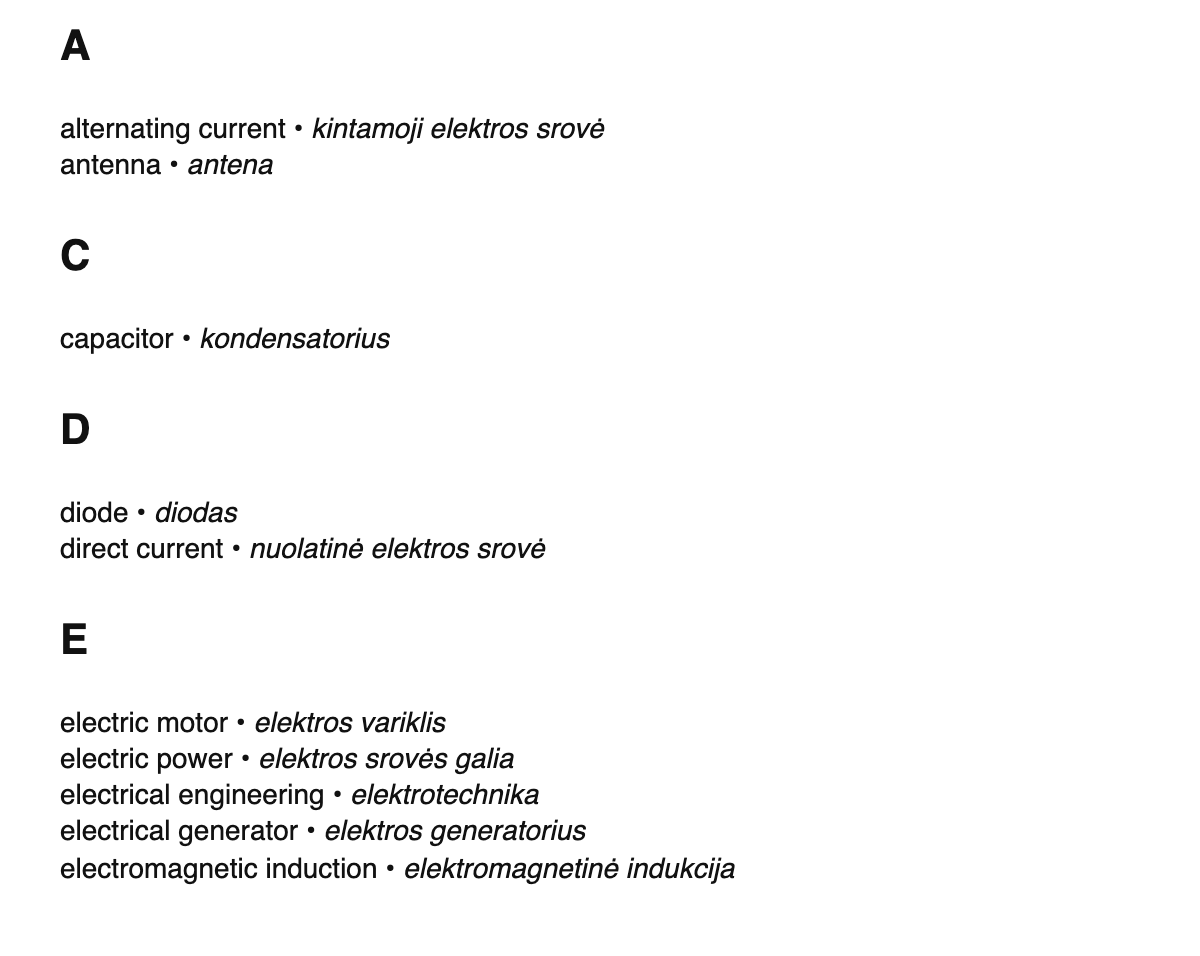 Electrical engineering terms in Lithuanian