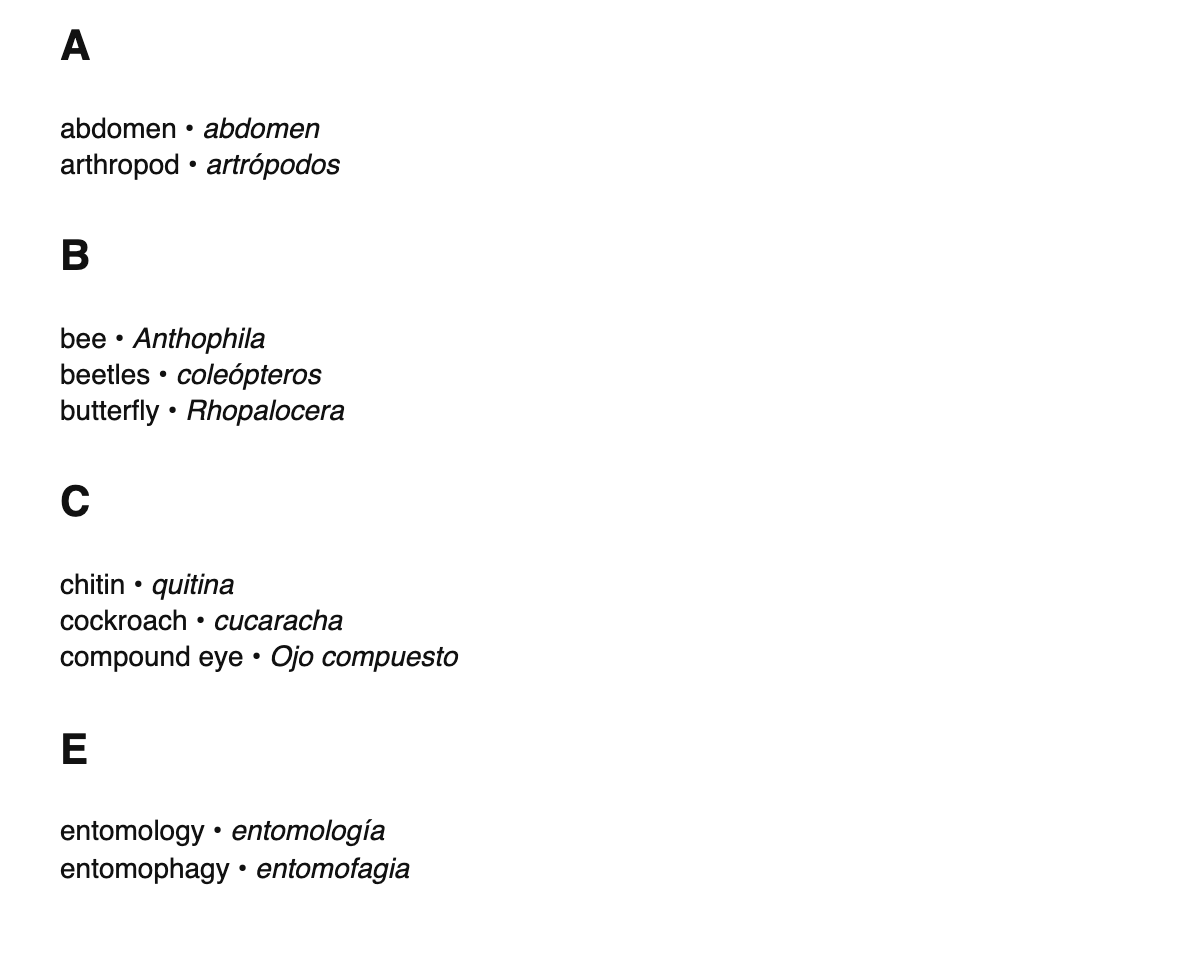 Entomology terms in Spanish
