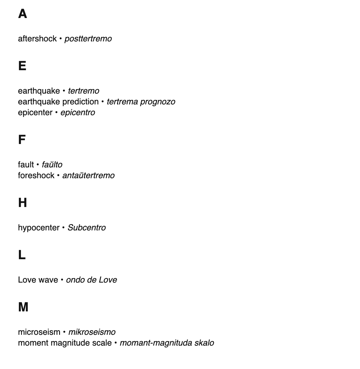 Seismology terms in Esperanto