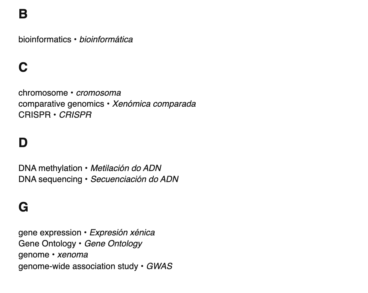Genomics terms in Galician
