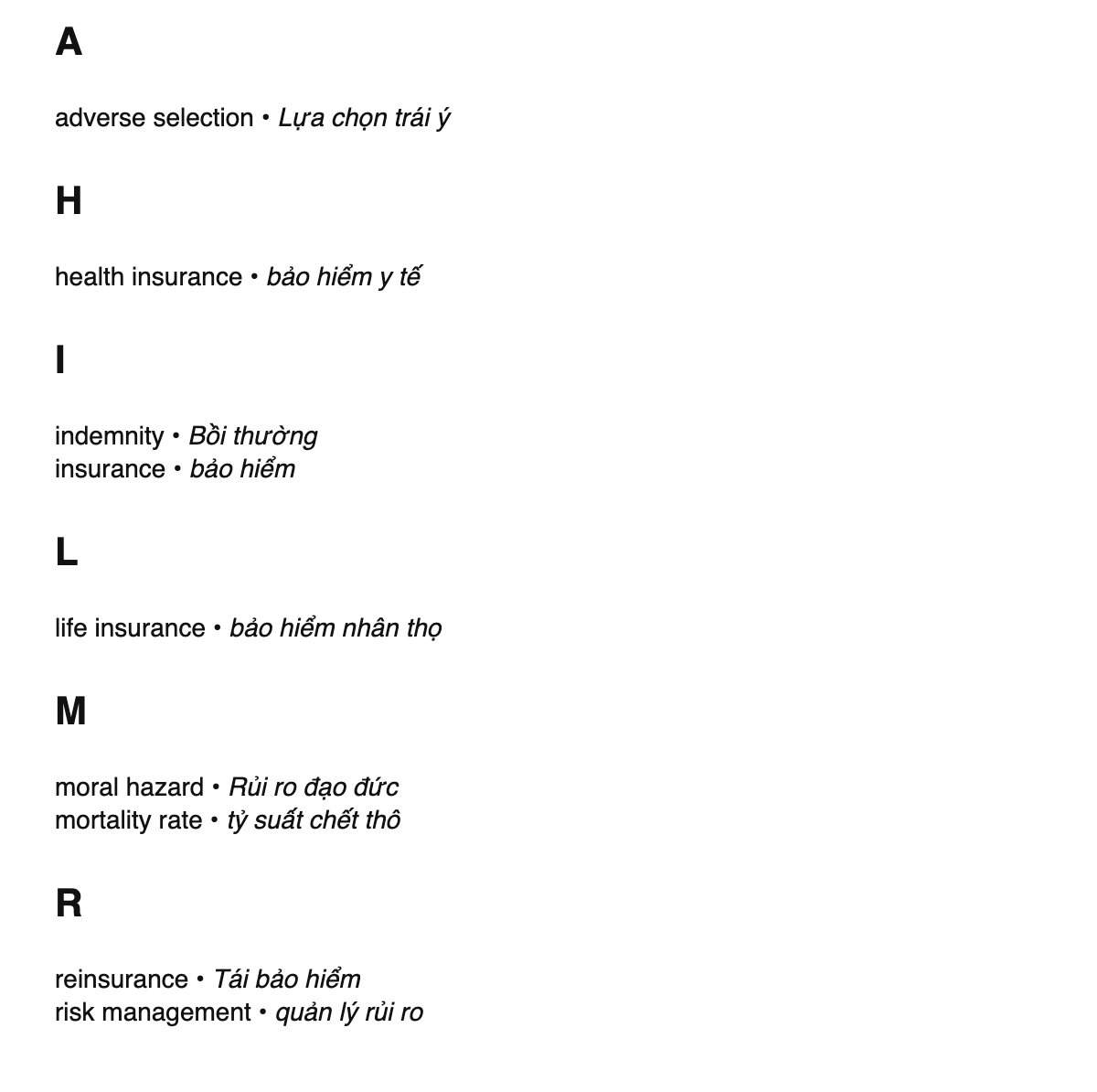 Insurance terms in Vietnamese