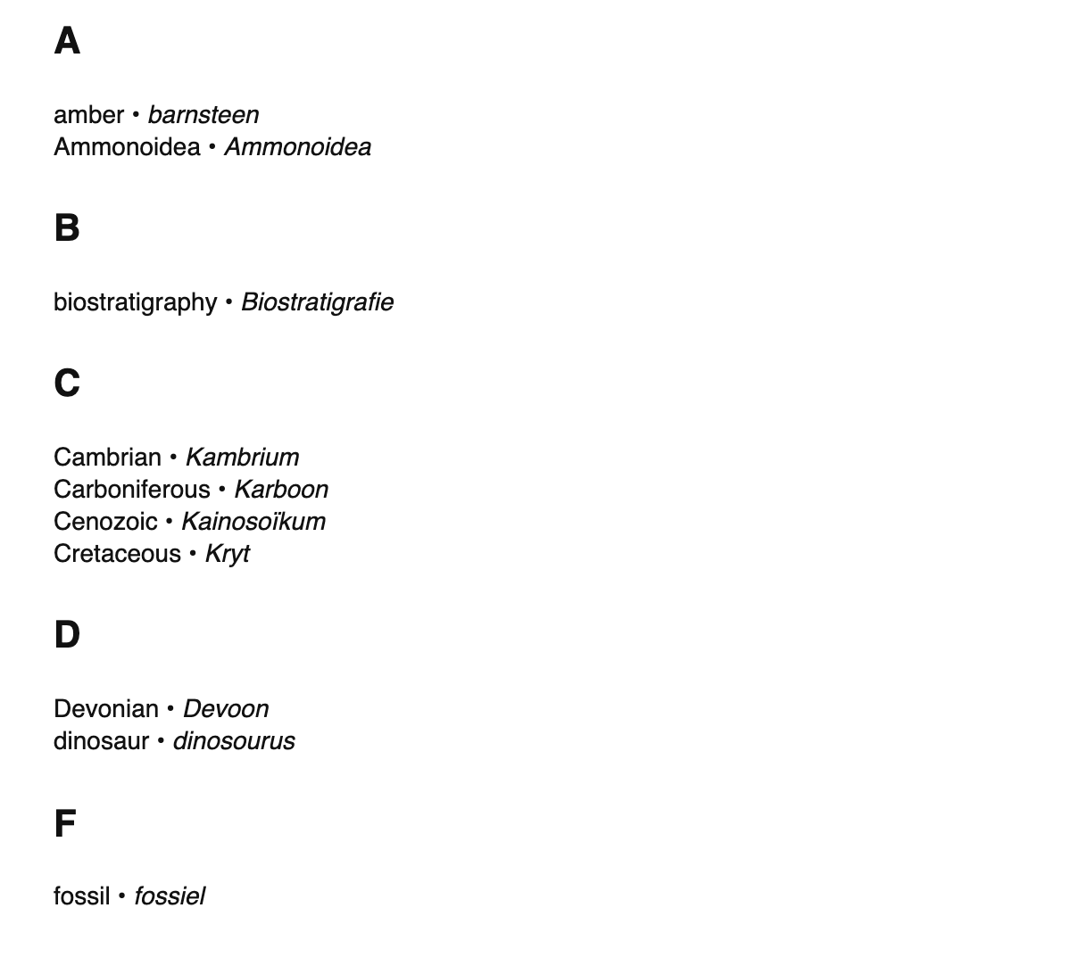 Paleontology terms in Afrikaans
