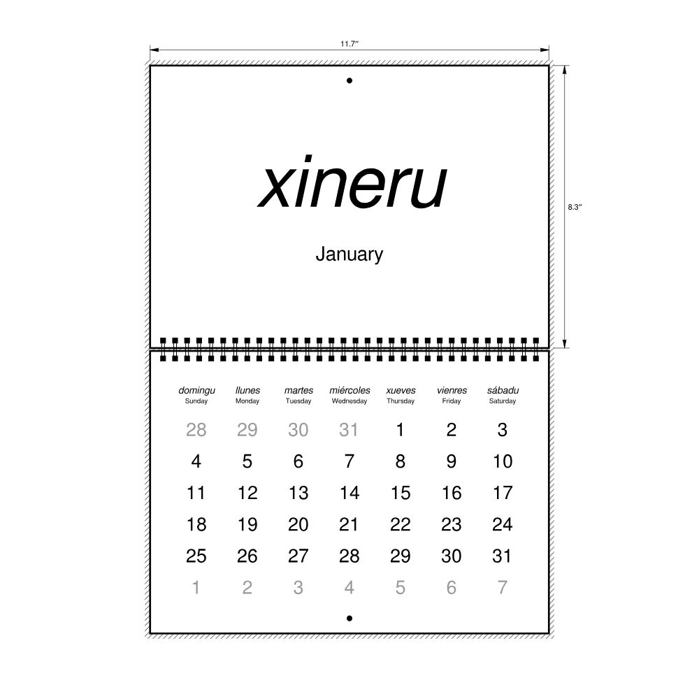 Leskoff 2026 Wall Calendar, Asturian/English-Labeled, Sunday-Start Layout, Wire-Bound, 11.7 x 8.3 in (29.7 x 21.0 cm), image 2 of 2