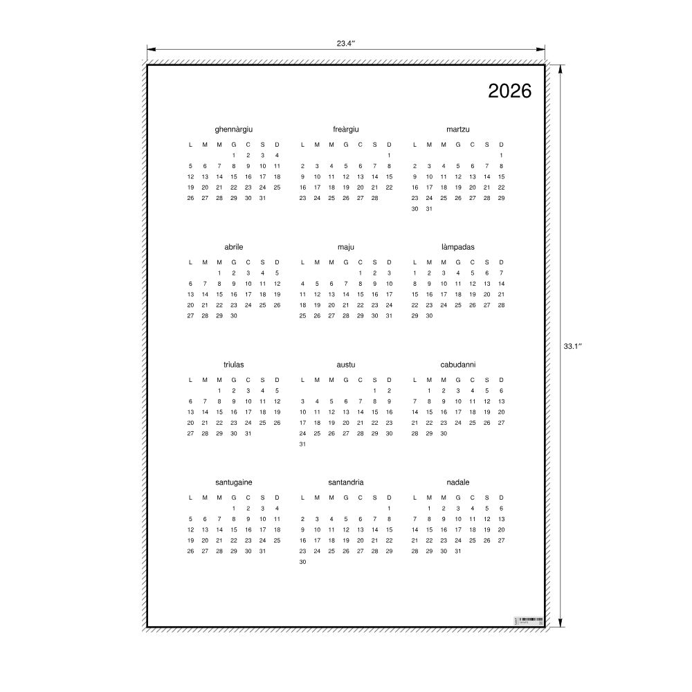Leskoff 2026 Wall Calendar, Sardinian-Labeled, Monday-Start Layout, Poster / Wall Print, 23.4 x 33.1 in (59.4 x 84.1 cm), image 2 of 2