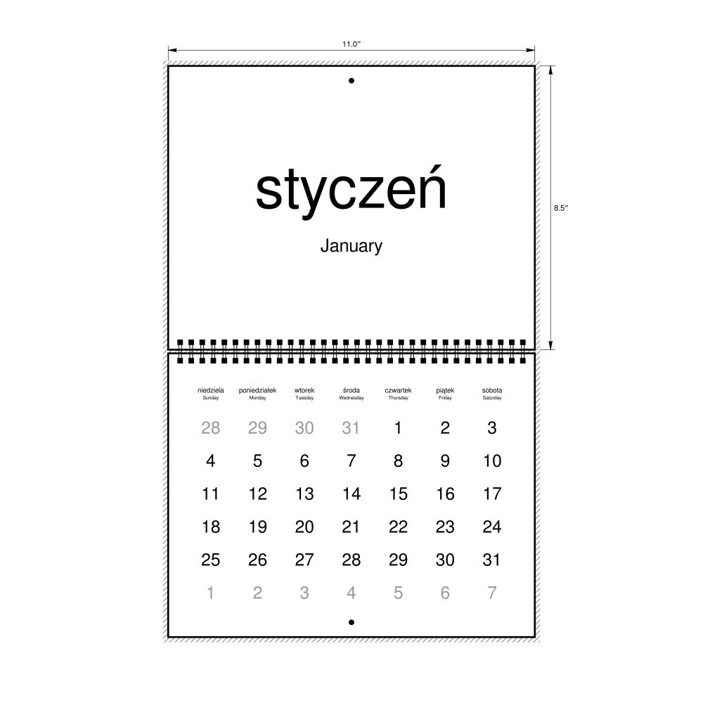 Leskoff 2026 Wall Calendar, Polish/English-Labeled, Sunday-Start Layout, Wire-Bound, 11 x 8.5 in (27.9 x 21.6 cm), image 1 of 1