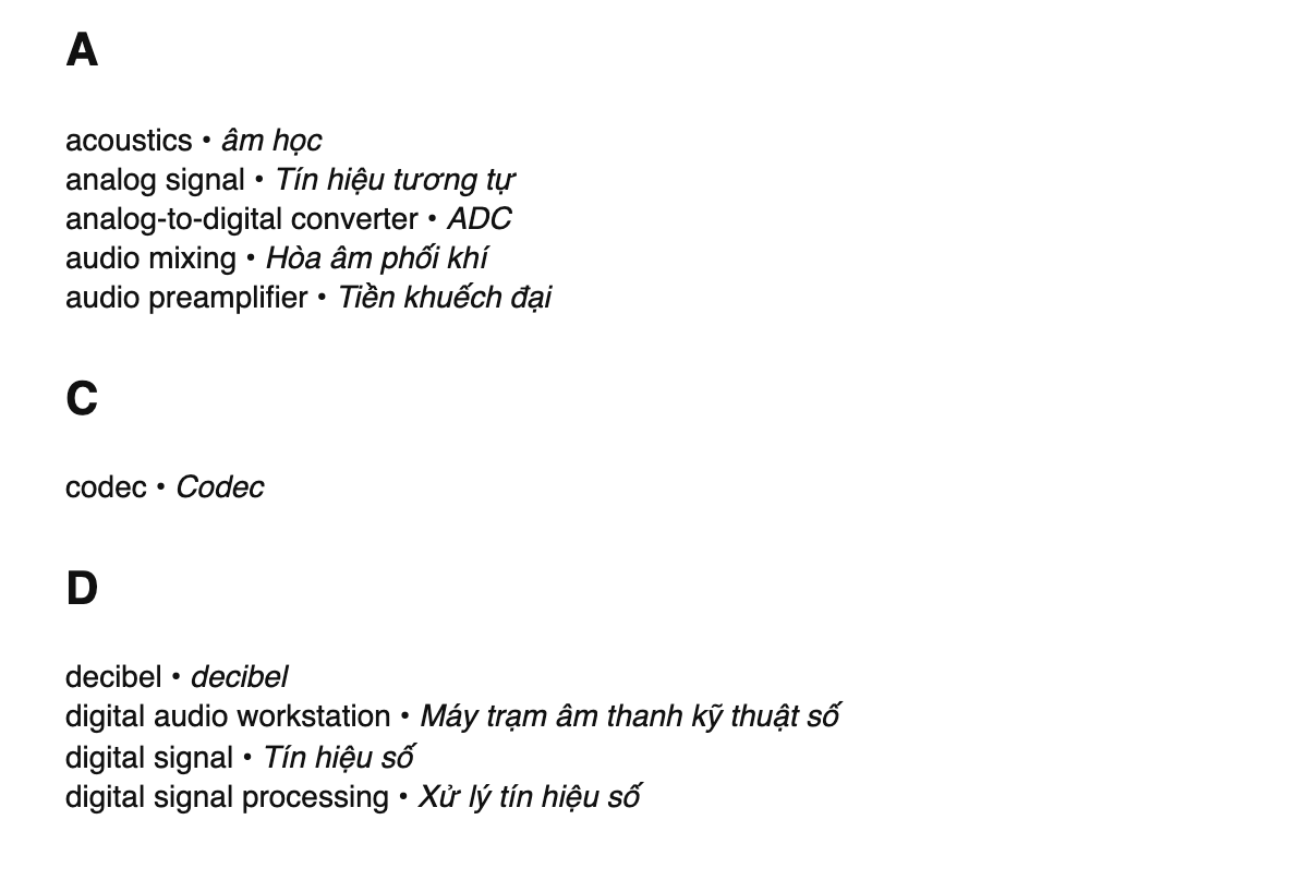 Audio engineering terms in Vietnamese