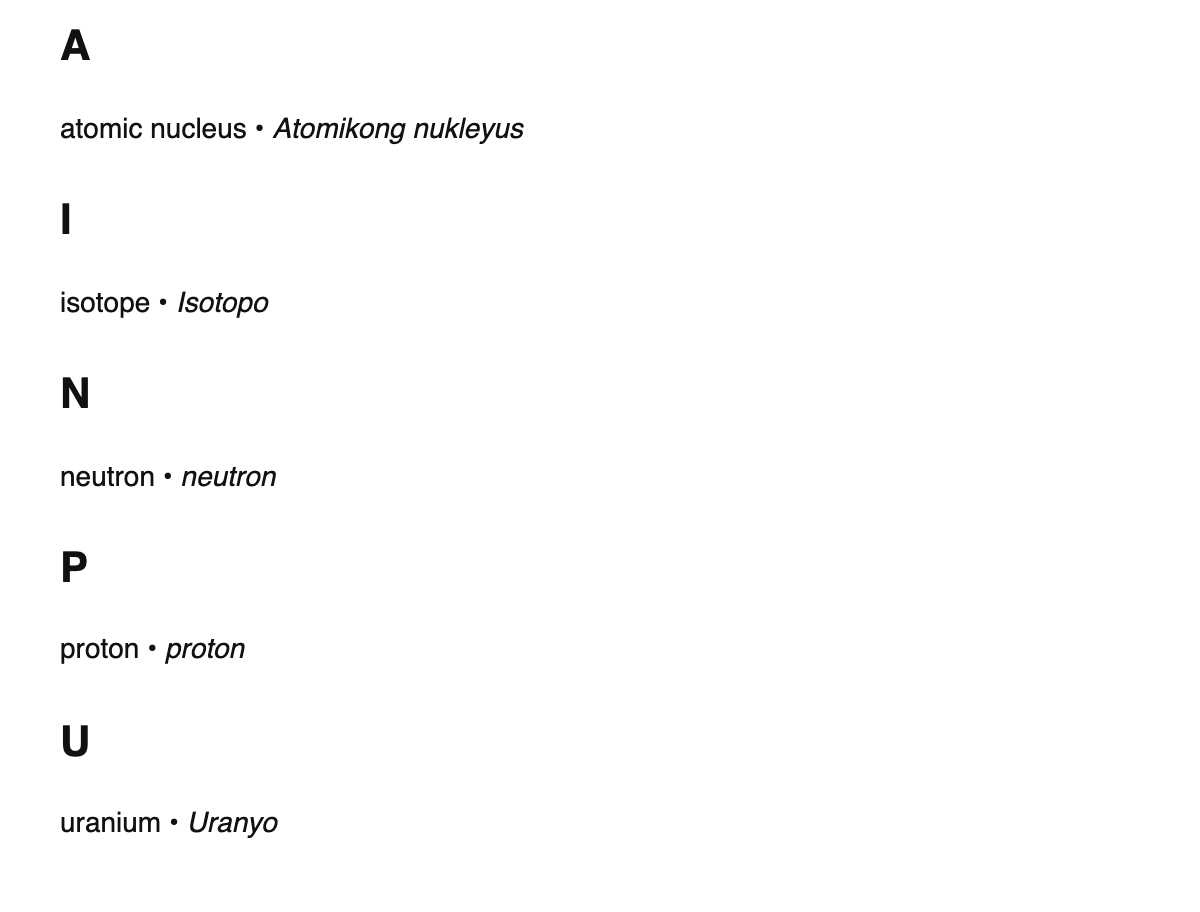 Nuclear physics terms in Central Bikol