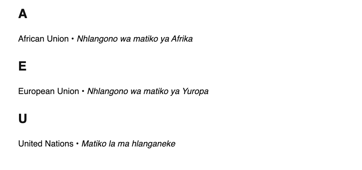 International organizations in Tsonga