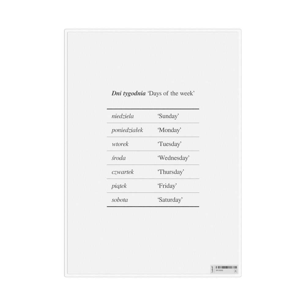 Leskoff Days of the Week in Polish, Desk Chart, 8.3 x 11.7 in (21.0 x 29.7 cm), image 1 of 1
