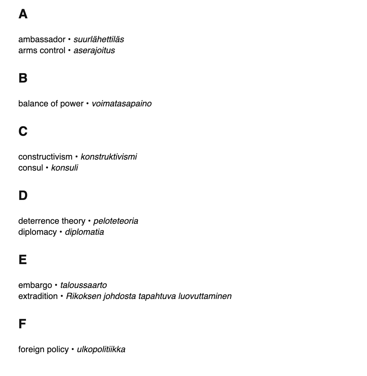 International relations terms in Finnish