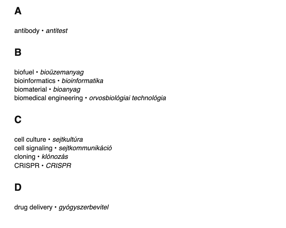 Bioengineering terms in Hungarian