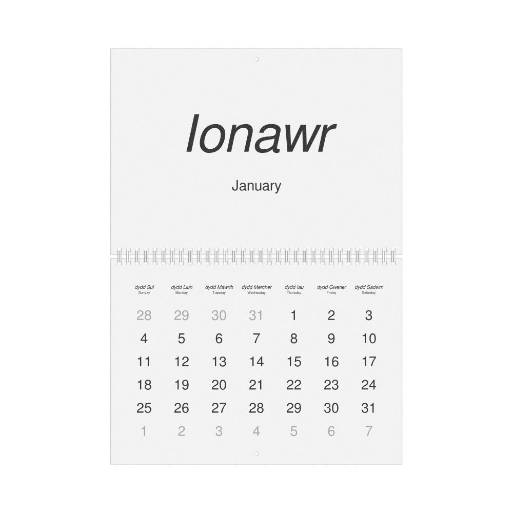 Leskoff 2026 Wall Calendar, Welsh/English-Labeled, Sunday-Start Layout, Wire-Bound, 11.7 x 8.3 in (29.7 x 21.0 cm), image 1 of 1