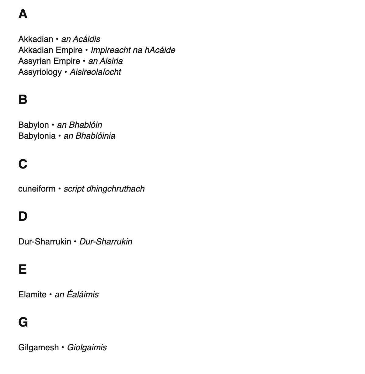 Assyriology terms in Irish