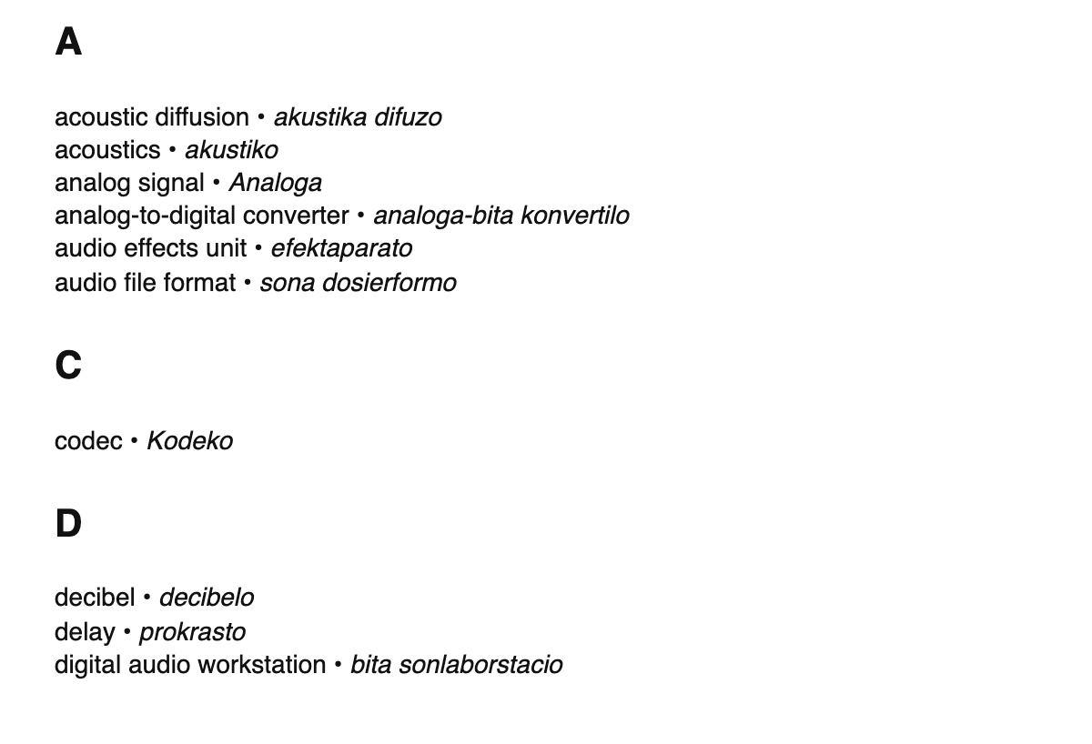 Audio engineering terms in Esperanto