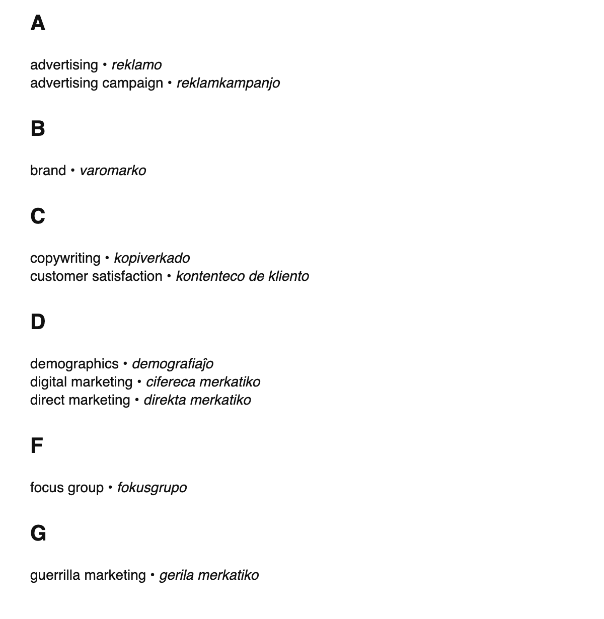 Marketing terms in Esperanto