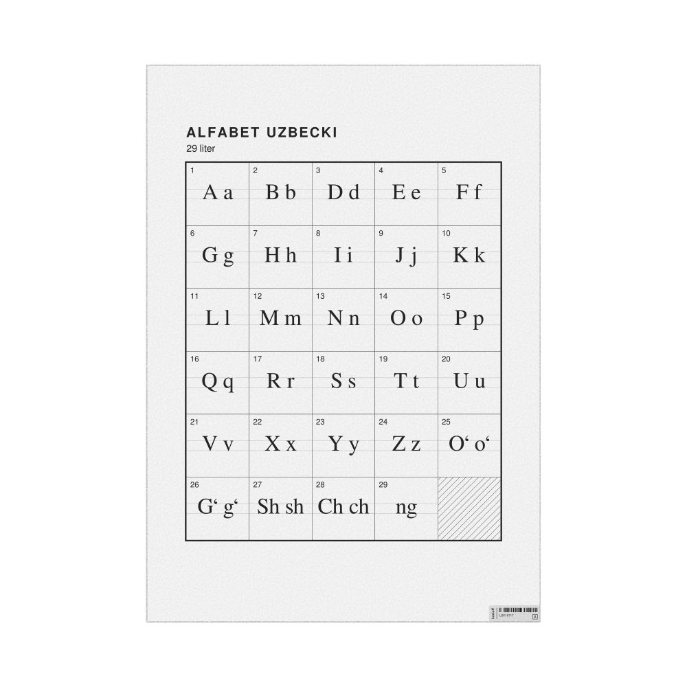 Leskoff Uzbek Alphabet Chart, 23.4 x 33.1 in (59.4 x 84.1 cm, Poster / Wall Chart), Polish-Labeled, image 1 of 2