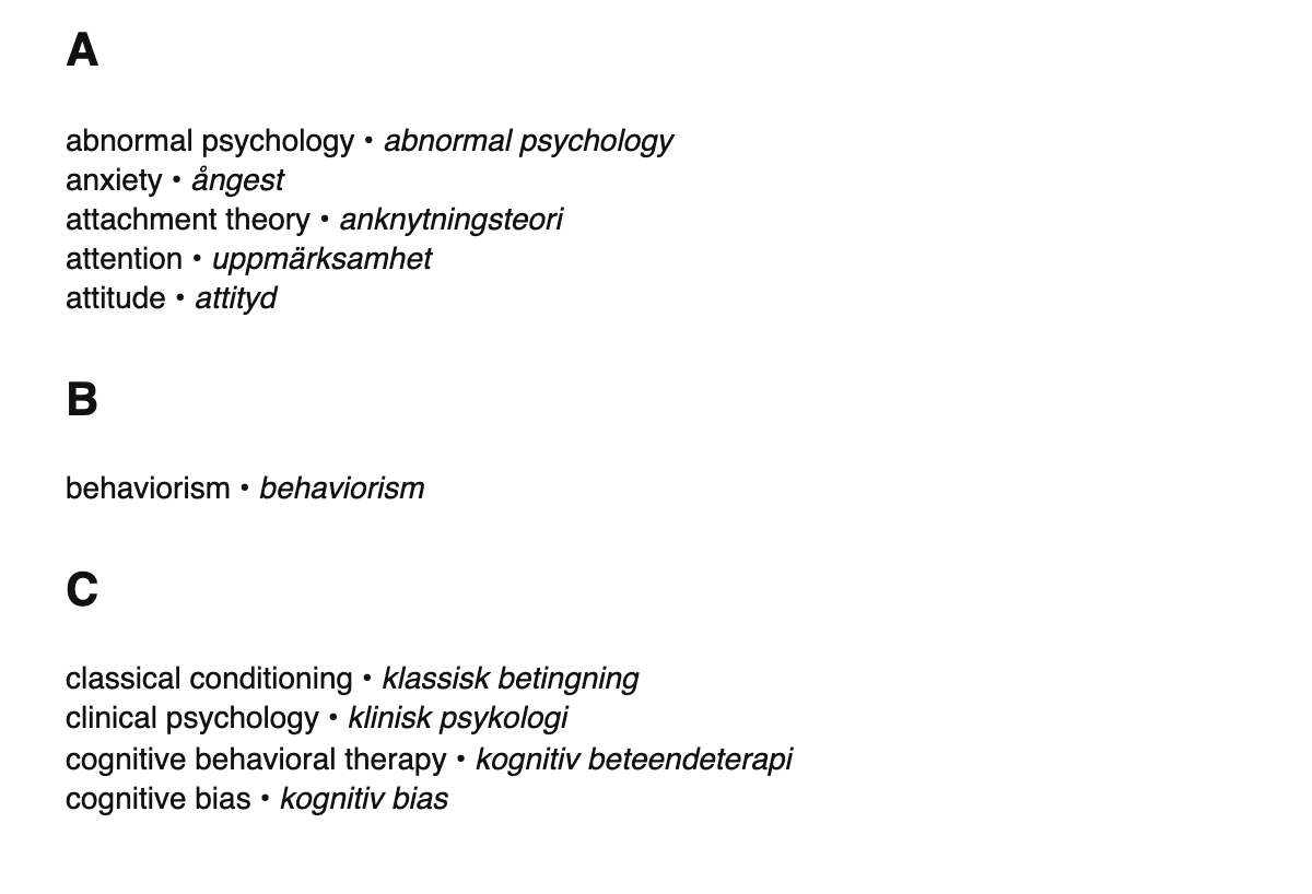 Psychology terms in Swedish