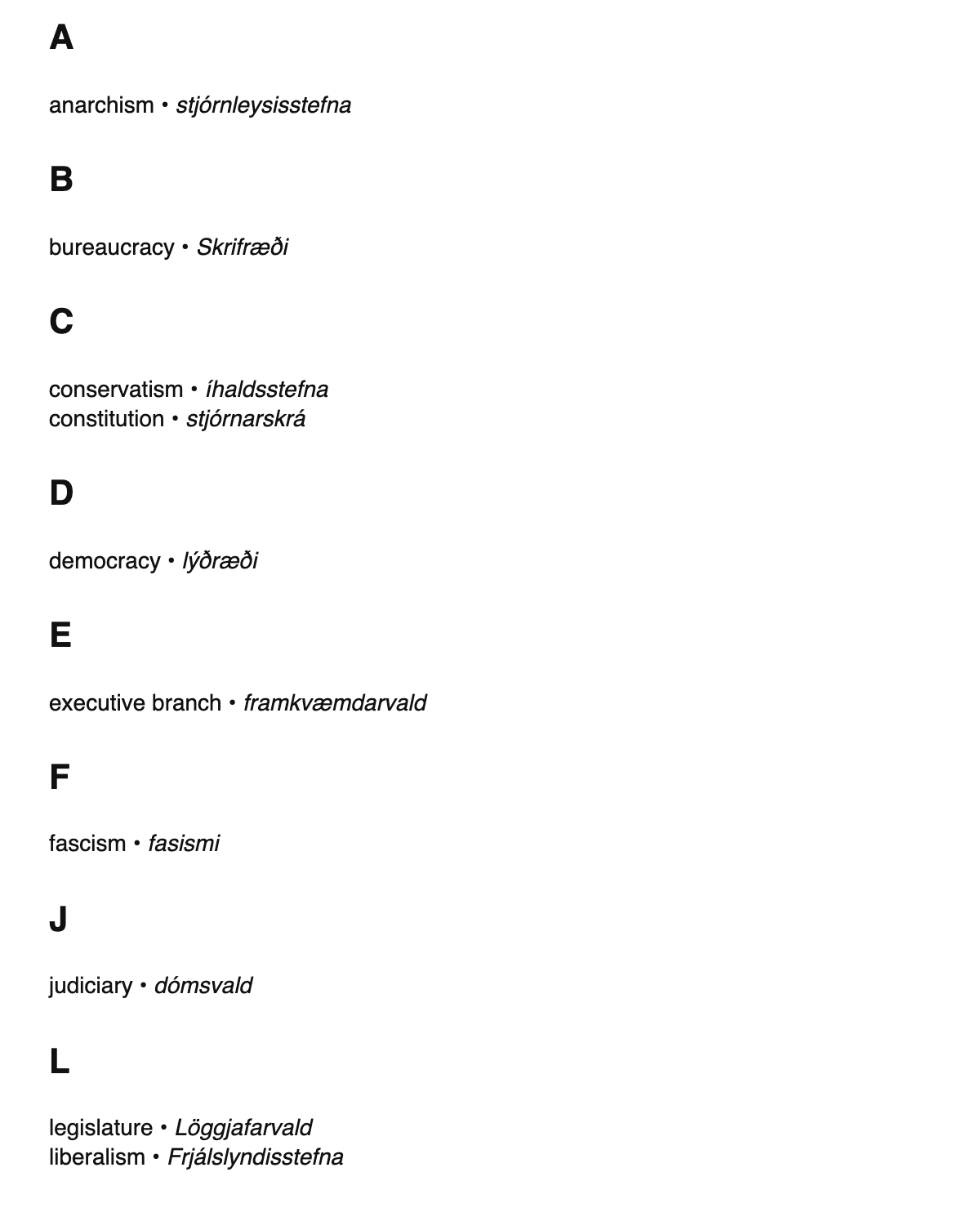 Political science terms in Icelandic