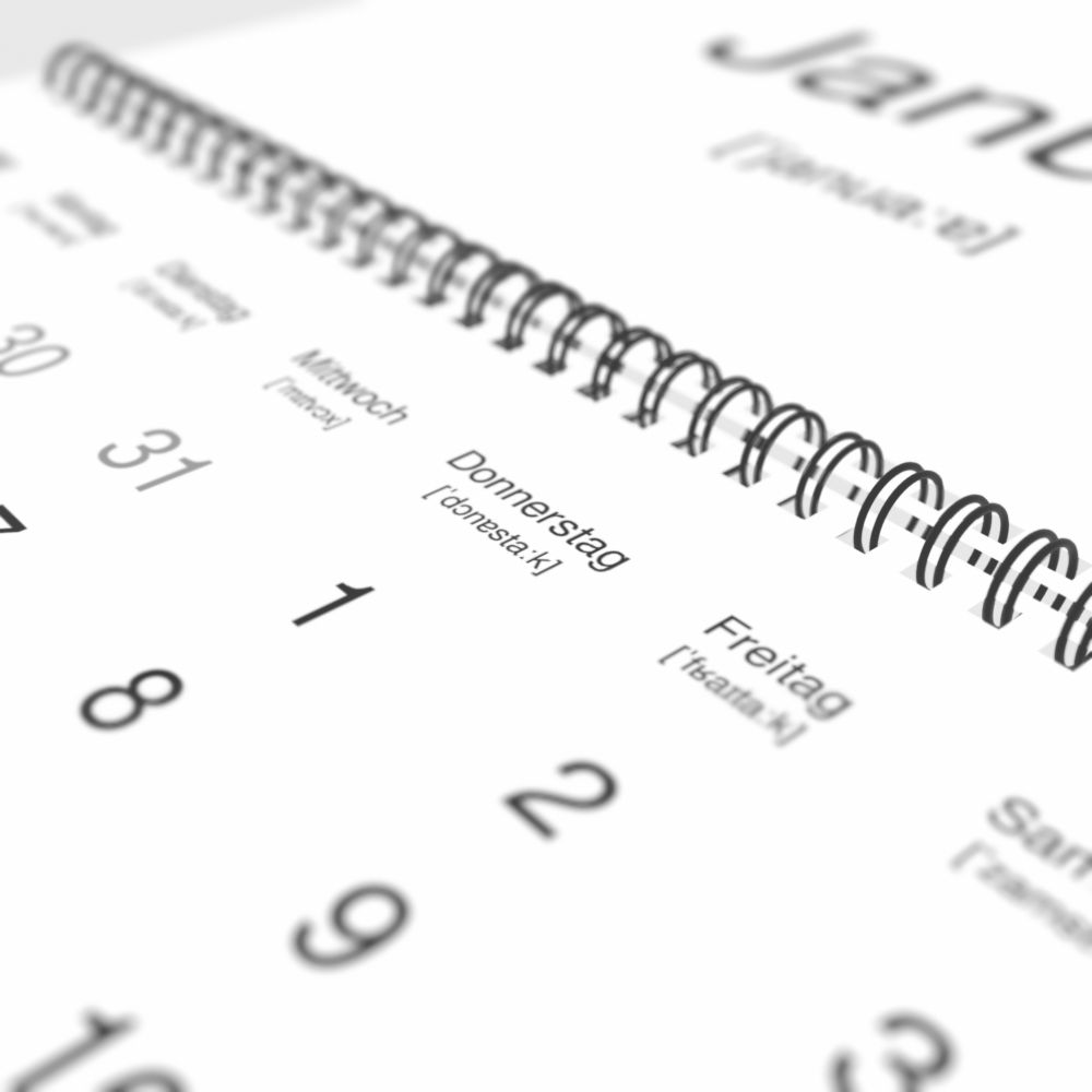 Leskoff 2026 Phonetic Wall Calendar, German-Labeled with IPA, Sunday-Start Layout, Wire-Bound, 11.7 x 8.3 in (29.7 x 21.0 cm), image 1 of 2