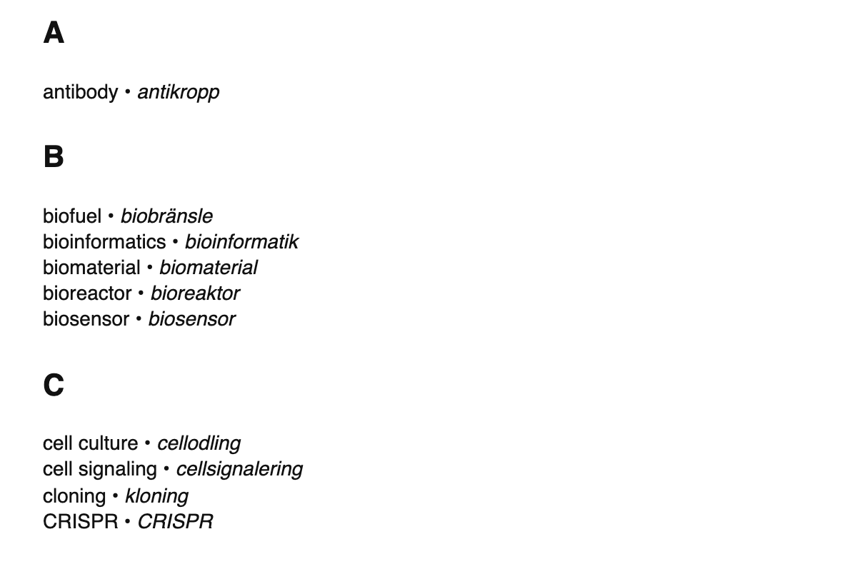 Bioengineering terms in Swedish