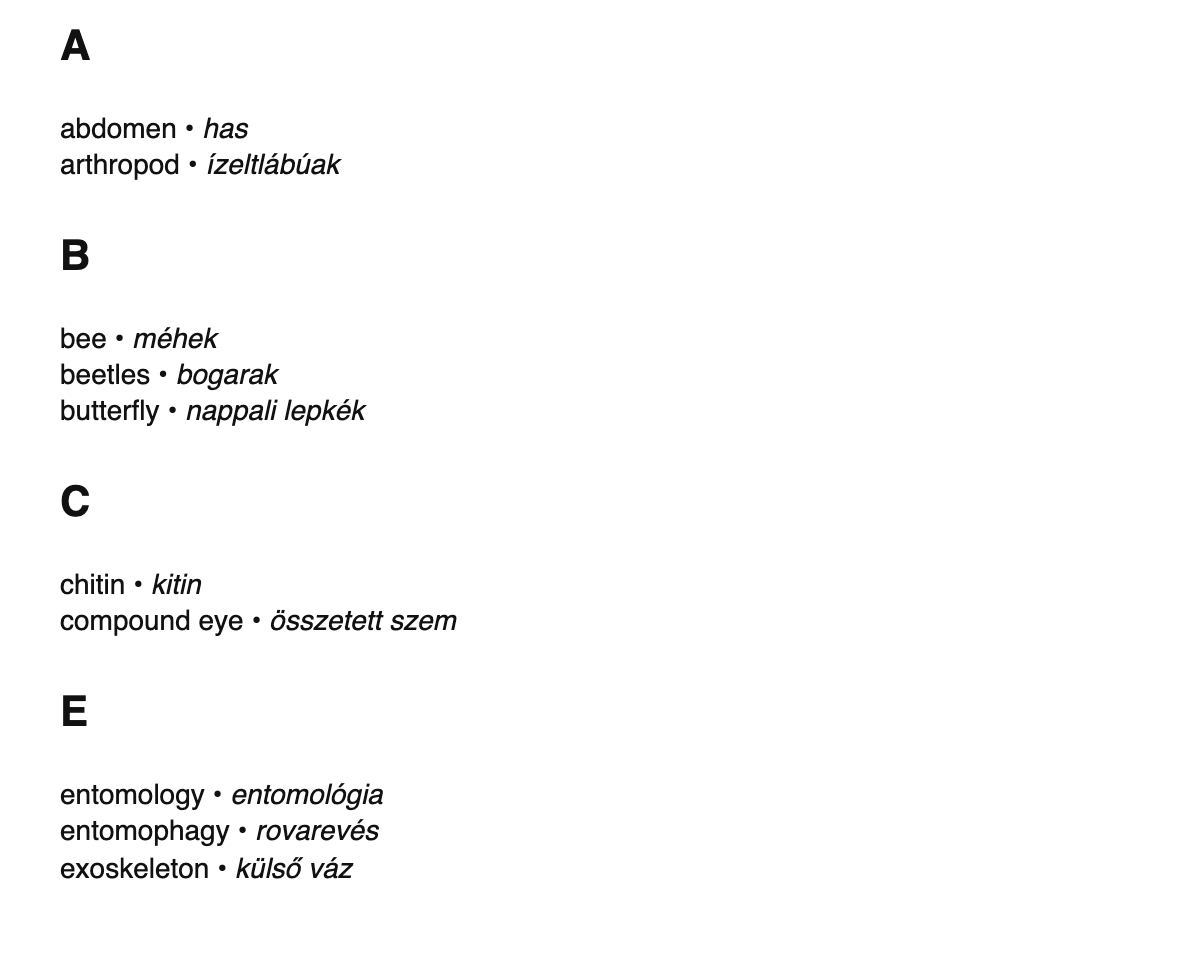 Entomology terms in Hungarian