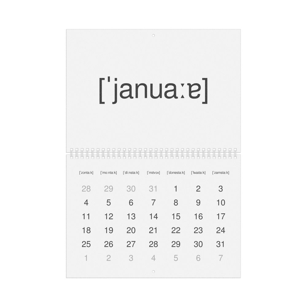 Leskoff 2026 Phonetic Wall Calendar, IPA-Labeled (German), Sunday-Start Layout, Wire-Bound, 11.7 x 8.3 in (29.7 x 21.0 cm), image 1 of 1