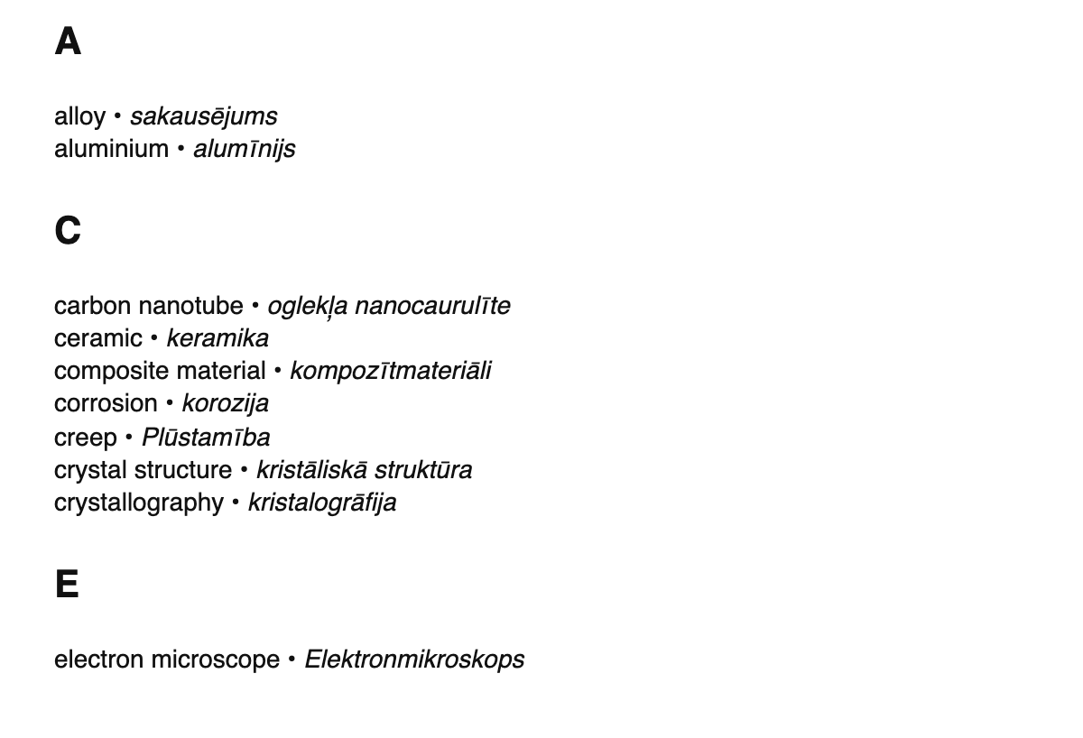Materials science terms in Latvian
