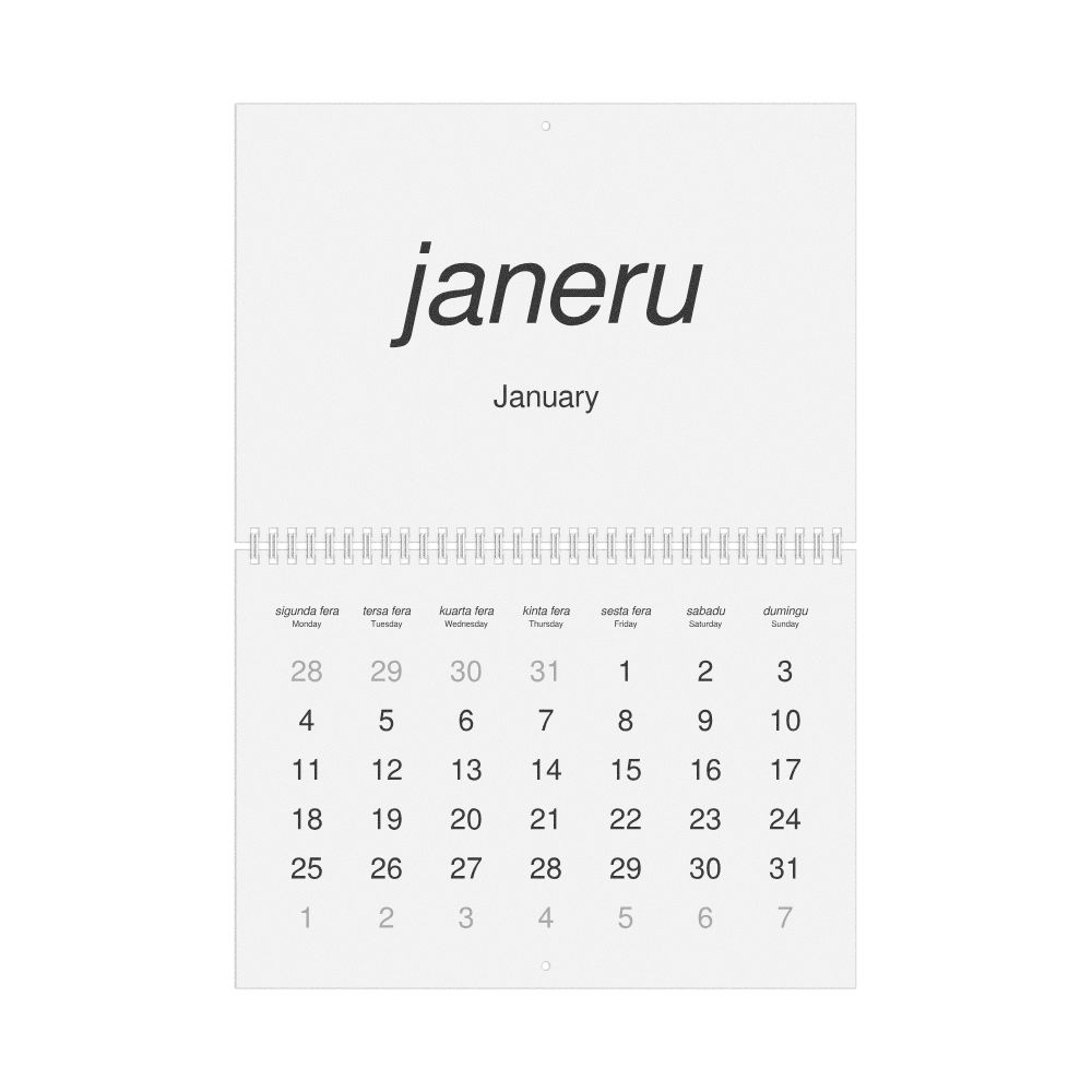 Leskoff 2027 Wall Calendar, Cape Verdean Creole/English-Labeled, Monday-Start Layout, Wire-Bound, 11.7 x 8.3 in (29.7 x 21.0 cm), image 1 of 1