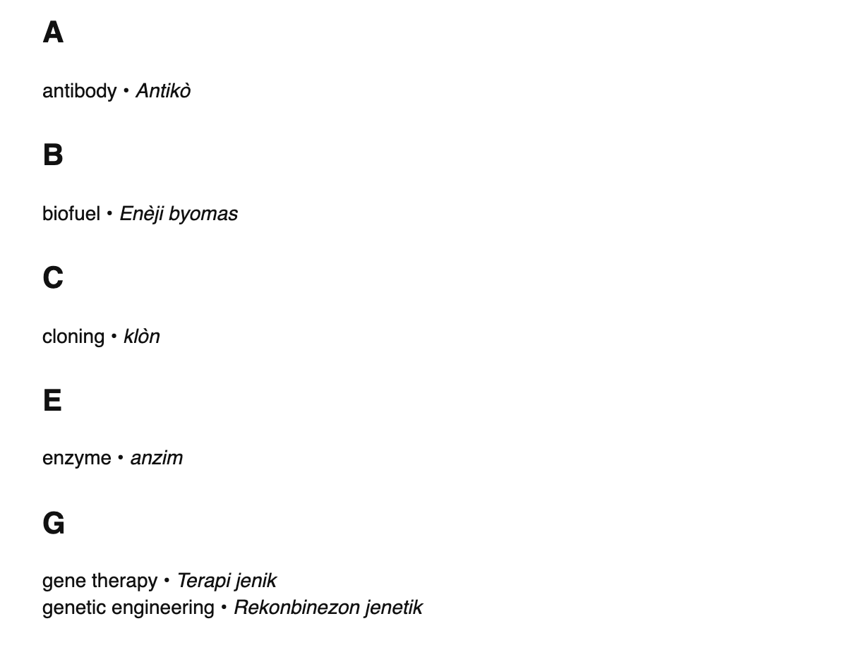 Bioengineering terms in Haitian Creole