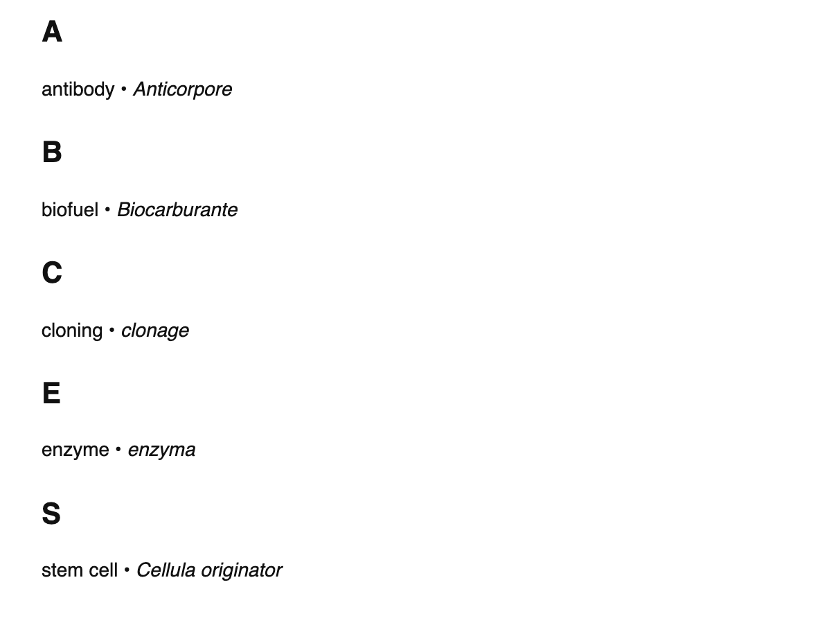 Bioengineering terms in Interlingua