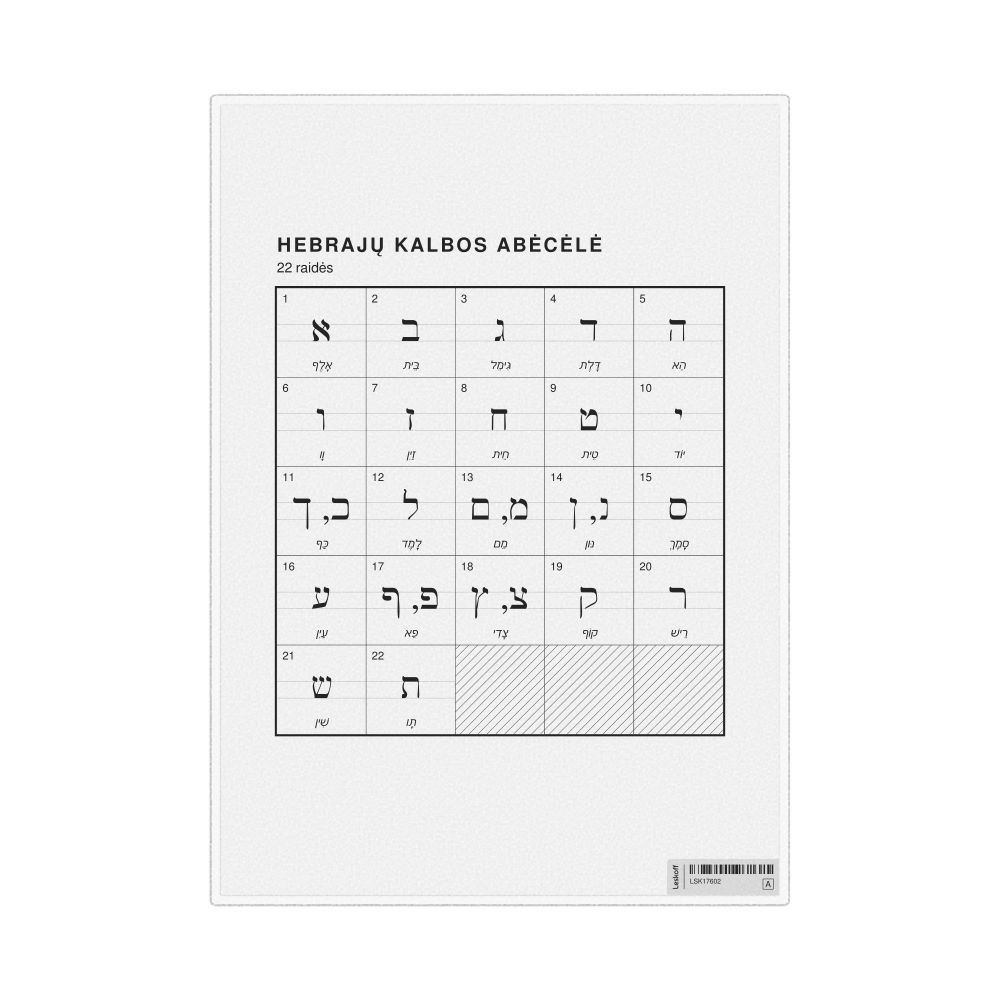 Leskoff Hebrew Alphabet Chart, 8.3 x 11.7 in (21.0 x 29.7 cm, Desk Chart, Laminated), Lithuanian-Labeled, image 1 of 2
