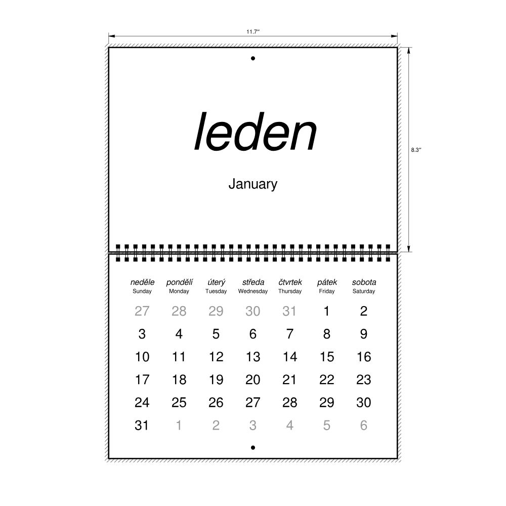 Leskoff 2027 Wall Calendar, Czech/English-Labeled, Sunday-Start Layout, Wire-Bound, 11.7 x 8.3 in (29.7 x 21.0 cm), image 2 of 2