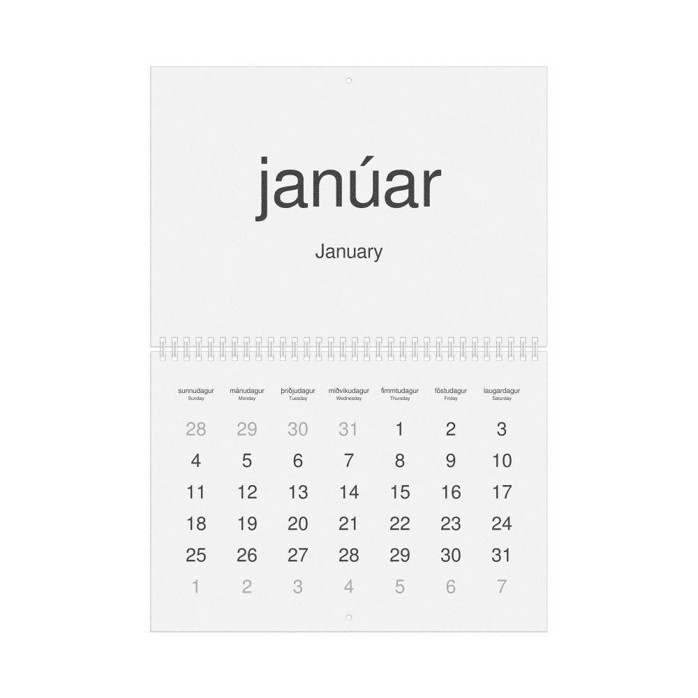 Leskoff 2026 Wall Calendar, Icelandic/English-Labeled, Sunday-Start Layout, Wire-Bound, 11.7 x 8.3 in (29.7 x 21.0 cm), image 1 of 1