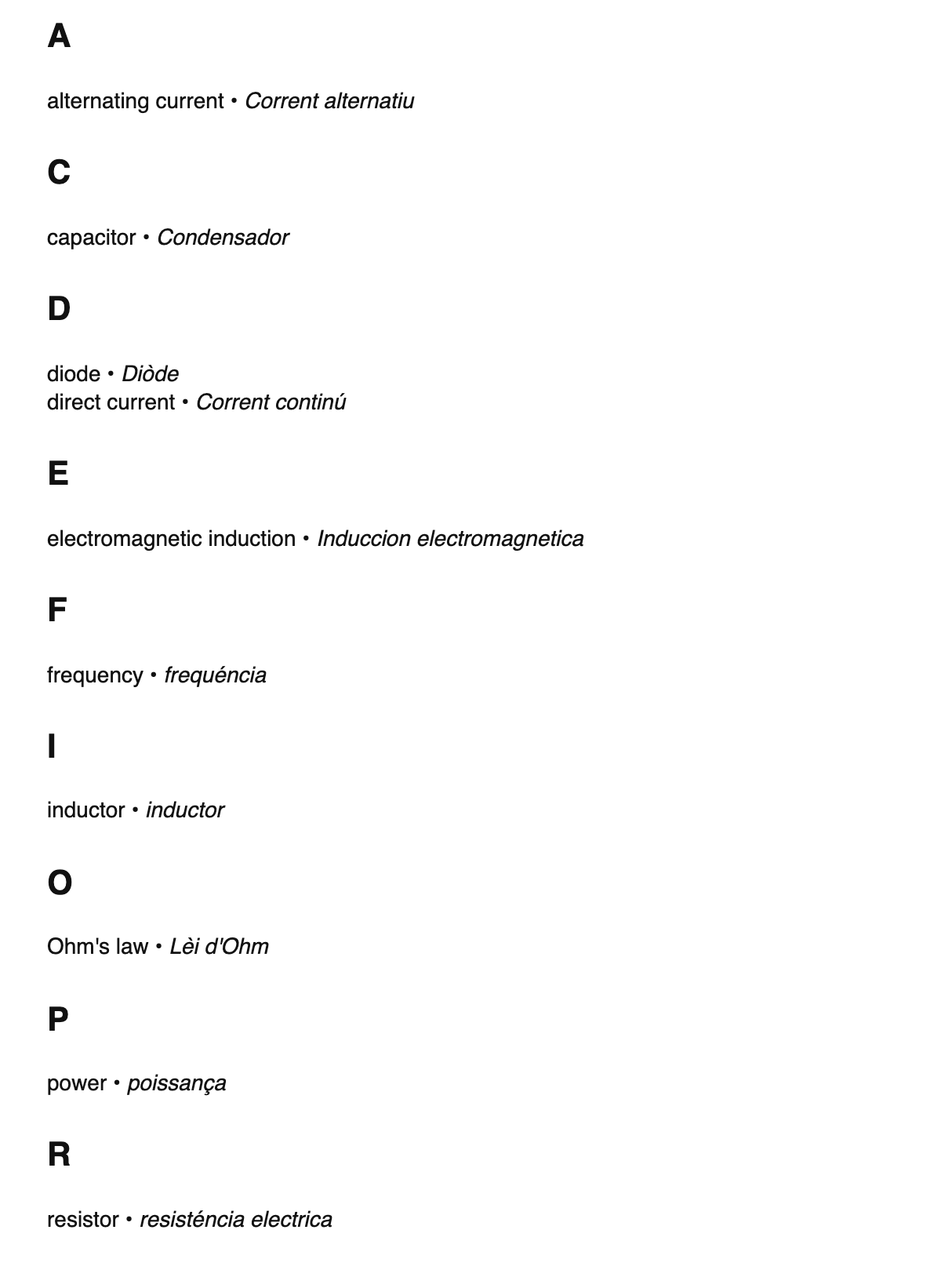 Electrical engineering terms in Occitan