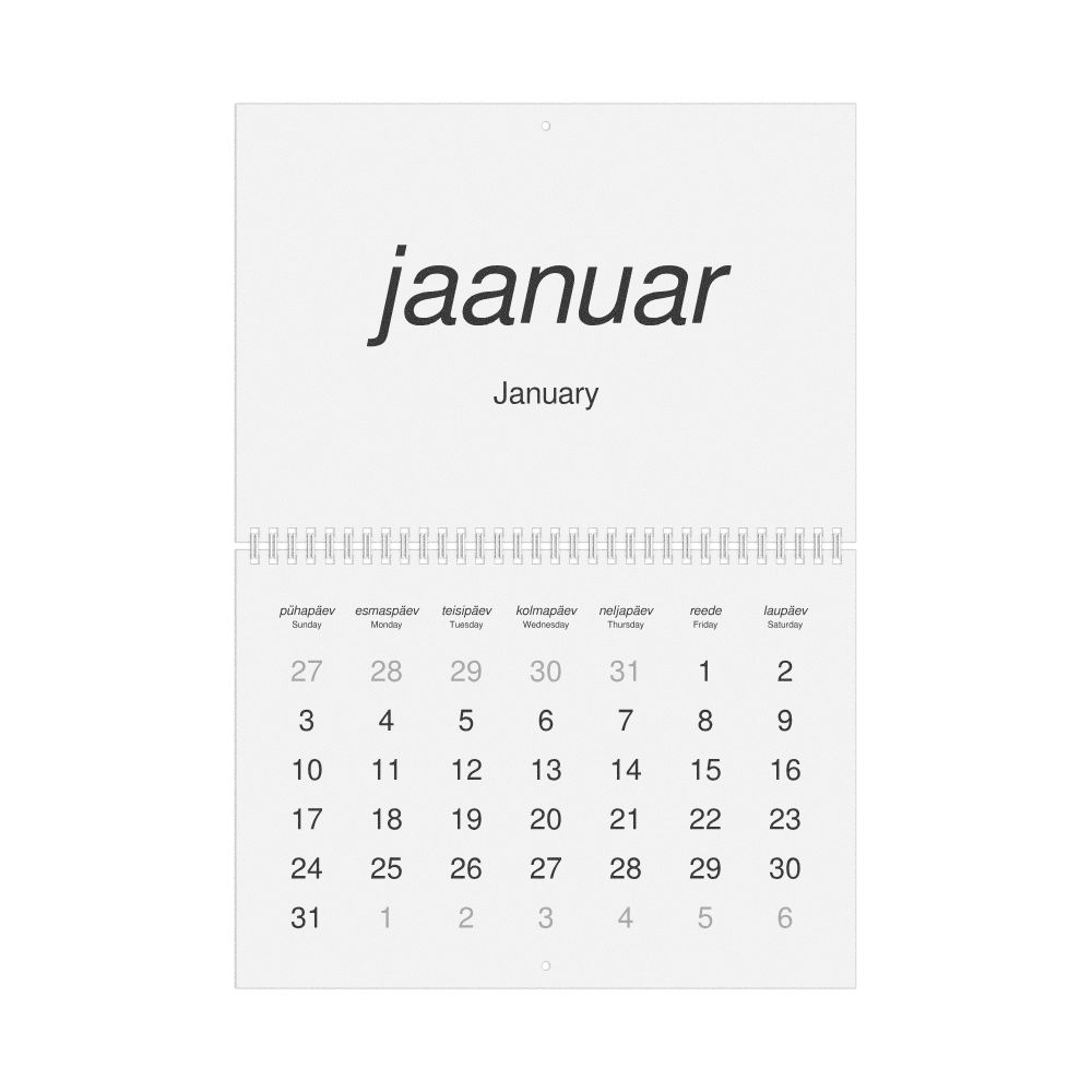 Leskoff 2027 Wall Calendar, Estonian/English-Labeled, Sunday-Start Layout, Wire-Bound, 11.7 x 8.3 in (29.7 x 21.0 cm), image 1 of 1