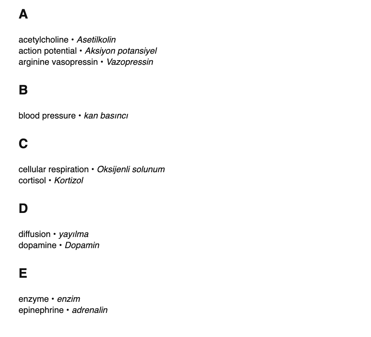 Physiology terms in Turkish