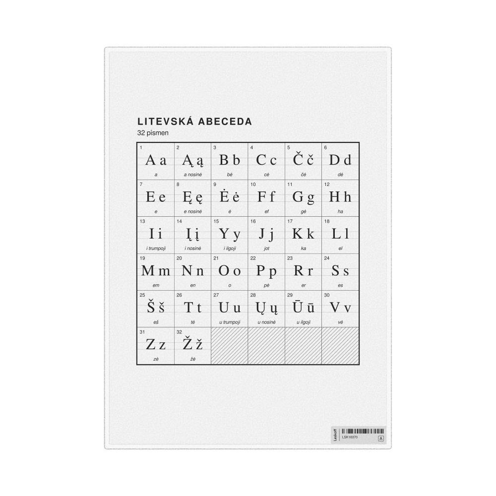 Leskoff Lithuanian Alphabet Chart, 8.3 x 11.7 in (21.0 x 29.7 cm, Desk Chart, Laminated), Czech-Labeled, image 1 of 2