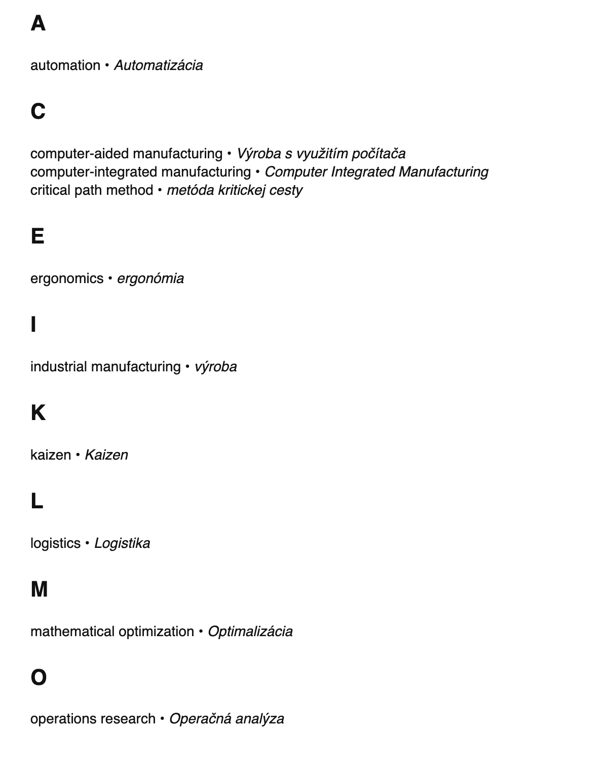 Industrial engineering terms in Slovak