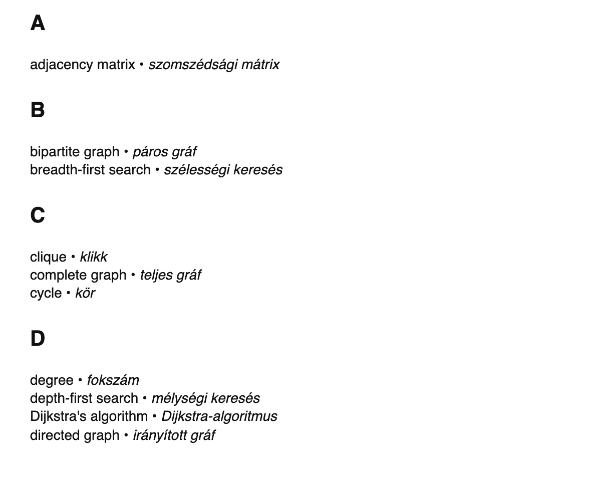 Graph theory terms in Hungarian