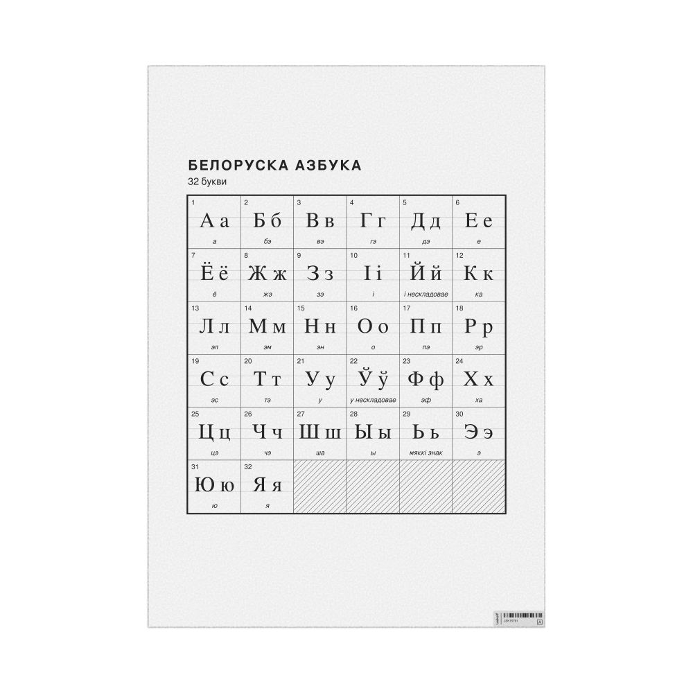 Leskoff Belarusian Alphabet Chart, 23.4 x 33.1 in (59.4 x 84.1 cm, Poster / Wall Chart), Macedonian-Labeled, image 1 of 2